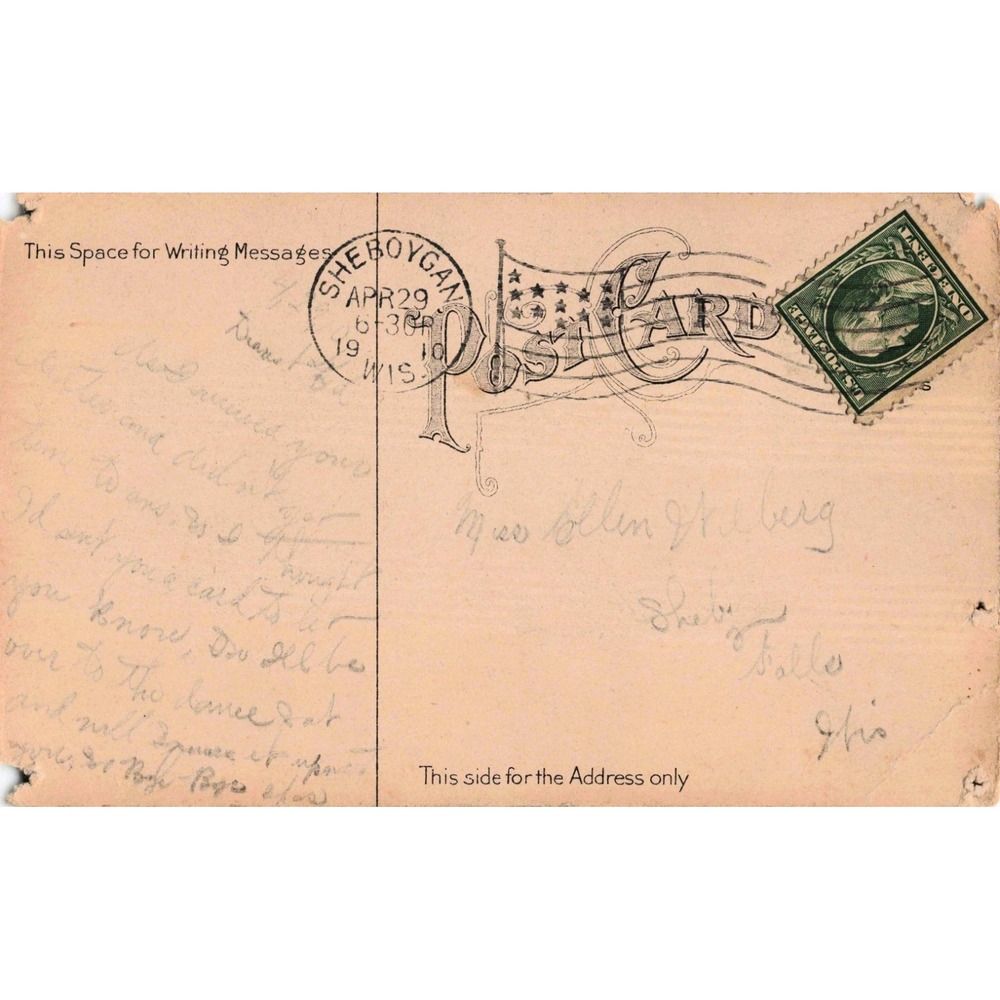 Vtg 1910 Romantic Couple Postcard Sheboygan WI Divided Back Lithograph - Picture 2 of 2